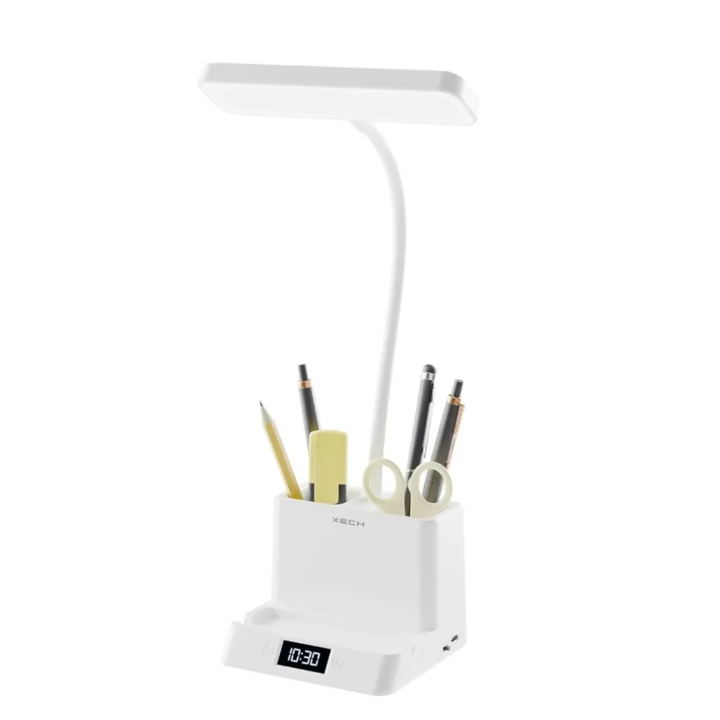 Xech 4-in-1 Desk Lamp with Digital Clock, Pen Stand & Phone Holder 3 Color Modes, Touch Dimming, Rechargeable Battery & Flexible Gooseneck Portable Study & Office Lamp (Desky Lite Digital)